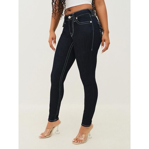 True Religion Big T Mid Rise with Flaps Skinny Jeans in Dark Blue Wash, Size 29 - Picture 2 of 13